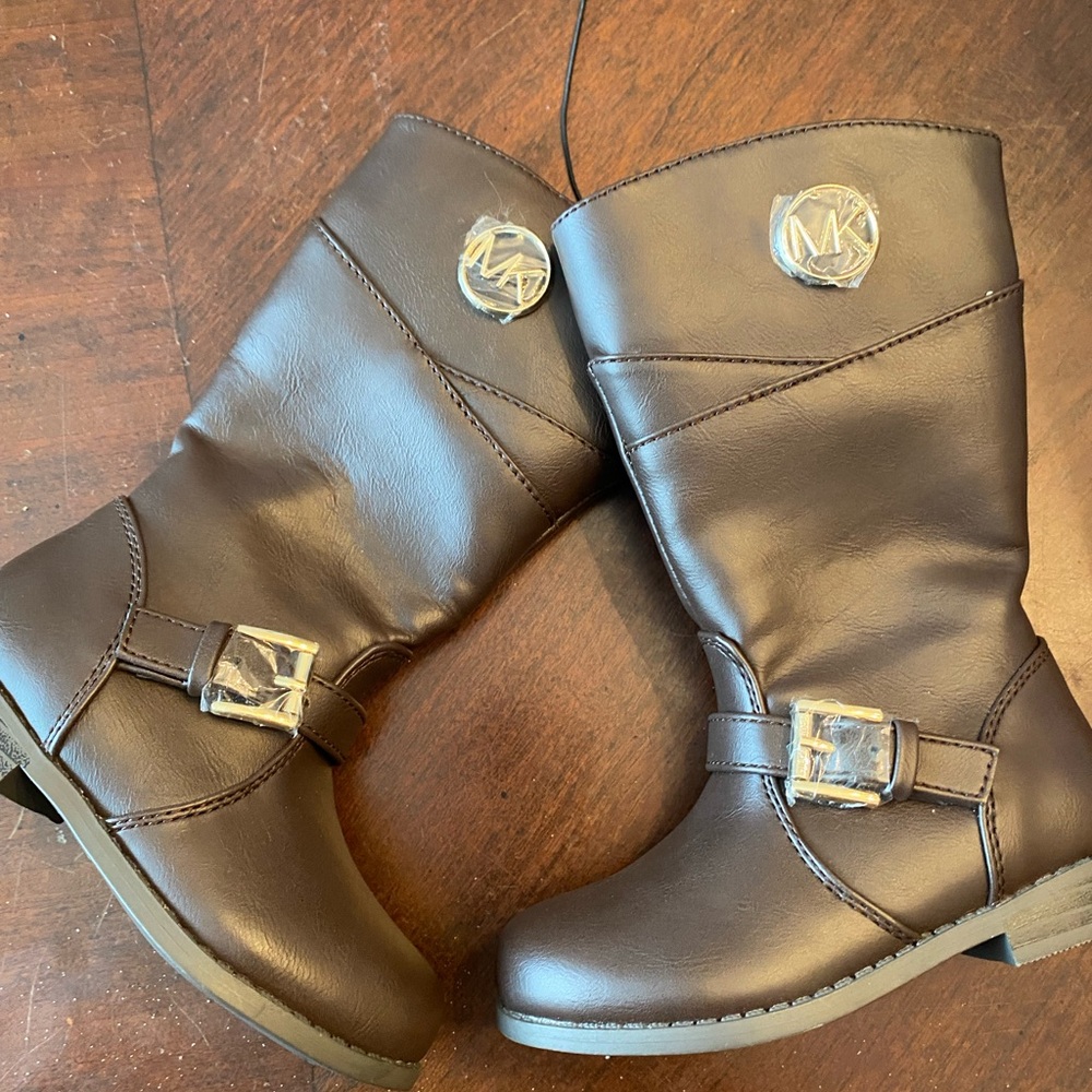 Michael Kors Kids Dark Brown Faux-Leather Logo Buckle Boots